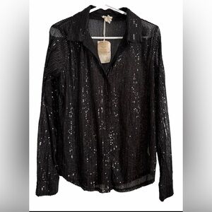 Hem & Thread Black Sequin Long Sleeve Button Up V Neck Sheer Blouse Womens Small